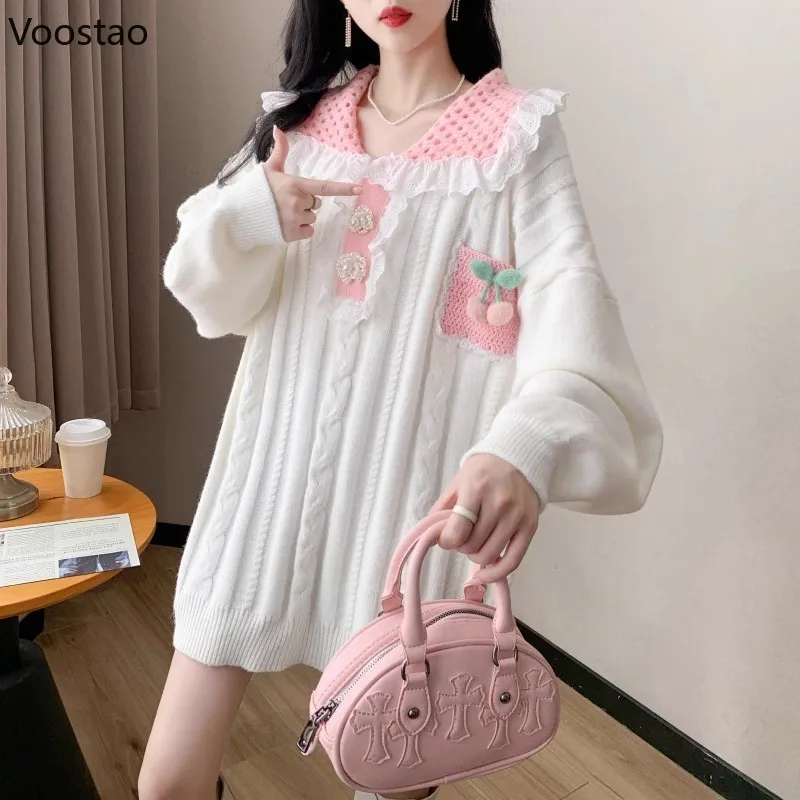 Autumn Sweet Lolita Style Knitted Pullovers Women Kawaii Cherry Lace Ruffles Peter Pan Collar Loose Sweater Female Knitwear Tops