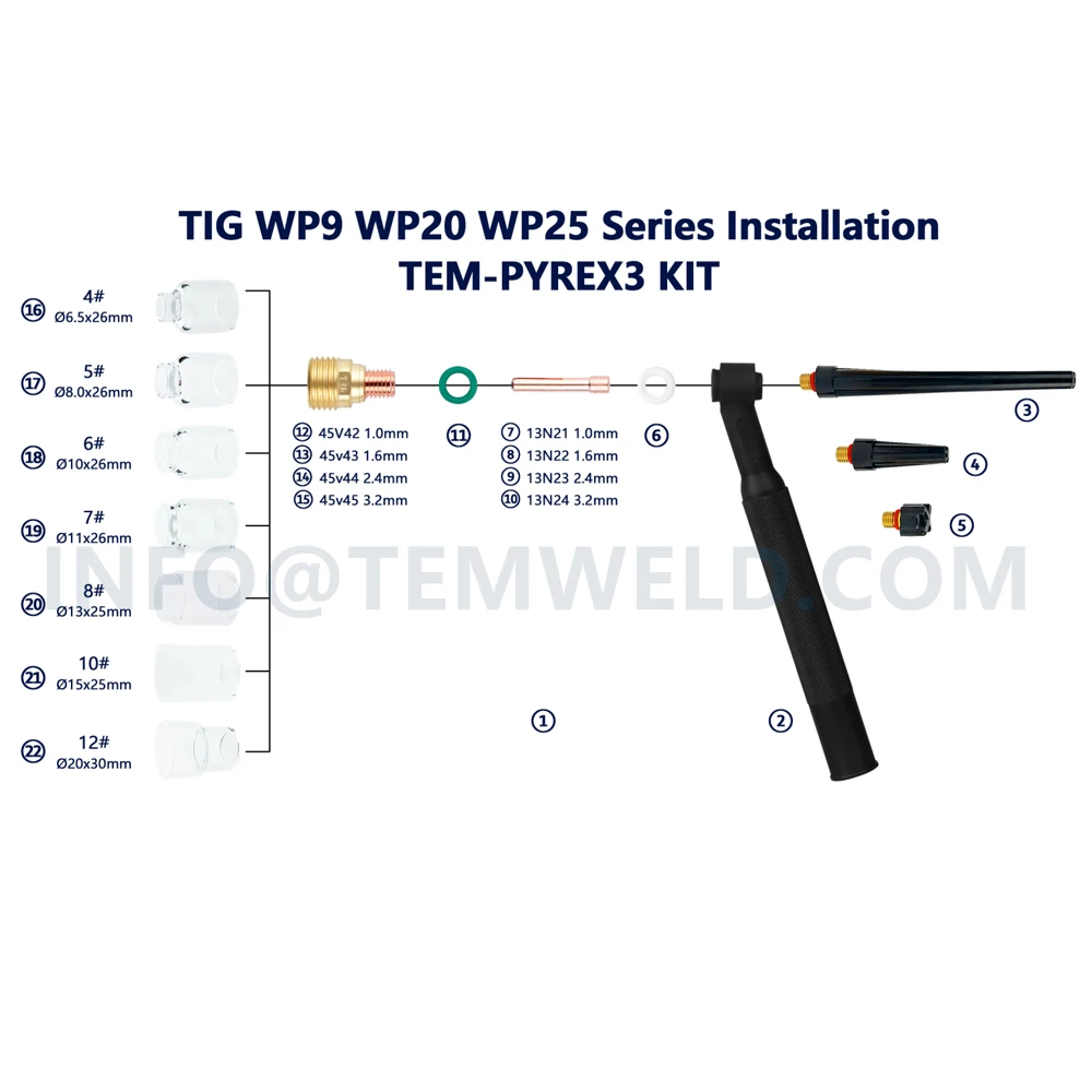 WP9 WP20 WP25 Accessories 30Pcs Stubby Gas Lens TIG Nozzle Pyrex Glass Cup Kit For TIG Welding Torch Soldering Supplies - view 6