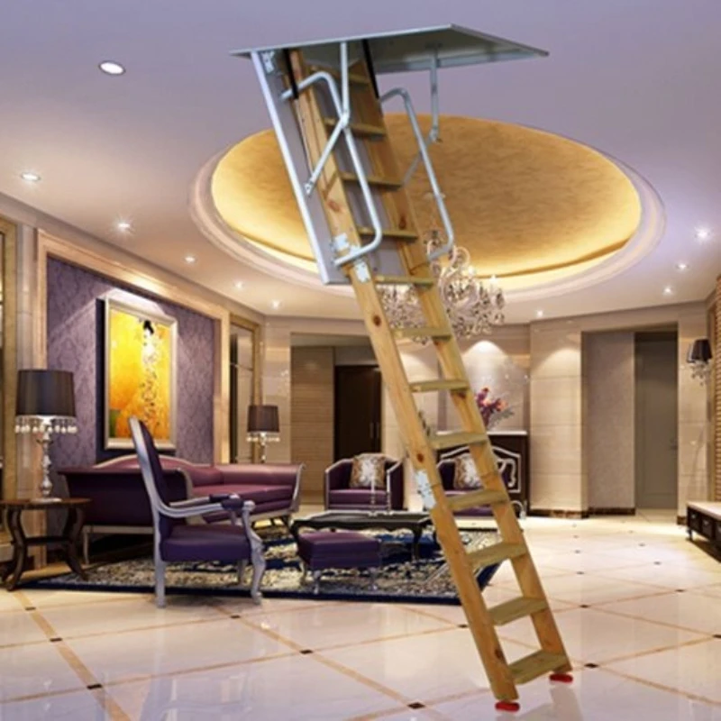 Solid wood folding stairs, telescopic villa duplex split-level rotating lift, invisible household telescopic ladder