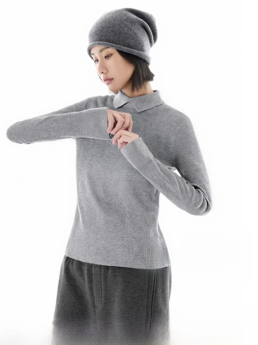 

Warm Wool Blend Knitted Top with Flower Bud Sves Small Collar Base Layer irt for Women Casual Sle Straight Cut Fit