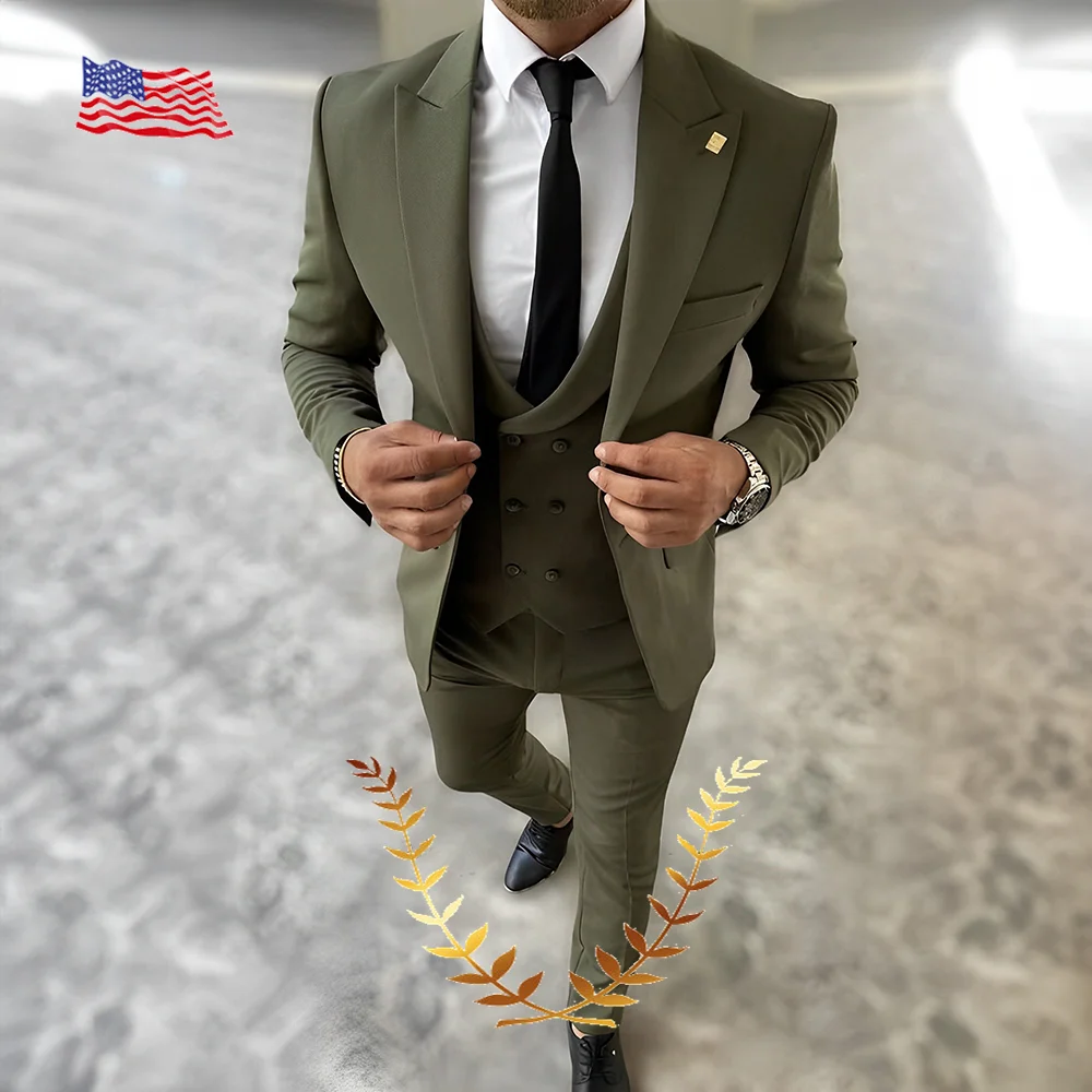 Military Green Business Men\'s Suit (Jacket Pants Vest) 3-piece Set with Peaked Collar New Wedding Tuxedo Elegant Suit