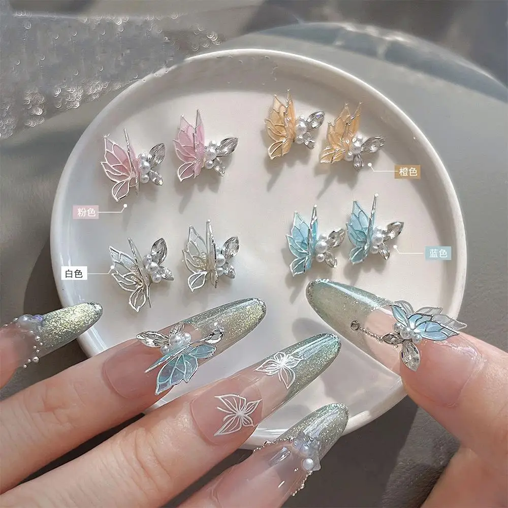 5 pezzi 3D doppio strato zircone farfalla pendenti per unghie con perle gemme farfalle ad ala sottile decorazione per unghie unghie di lusso parte