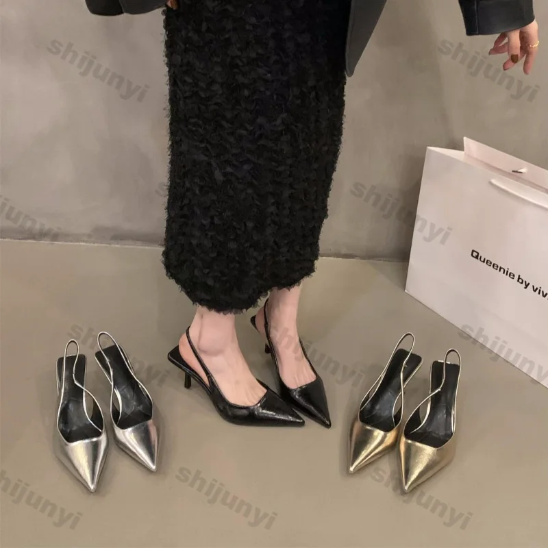 Women Design Silver Pointed Sandals Women Spring New Pumps Sexy Party Thin Heels Single Shoes Female Elegant Mules Dress Sandals image 6
