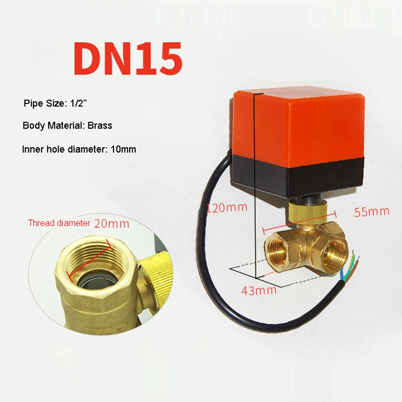 Válvula de bola motorizada de 3 vías, válvula de bola eléctrica de latón tipo T/L de 1/2 \