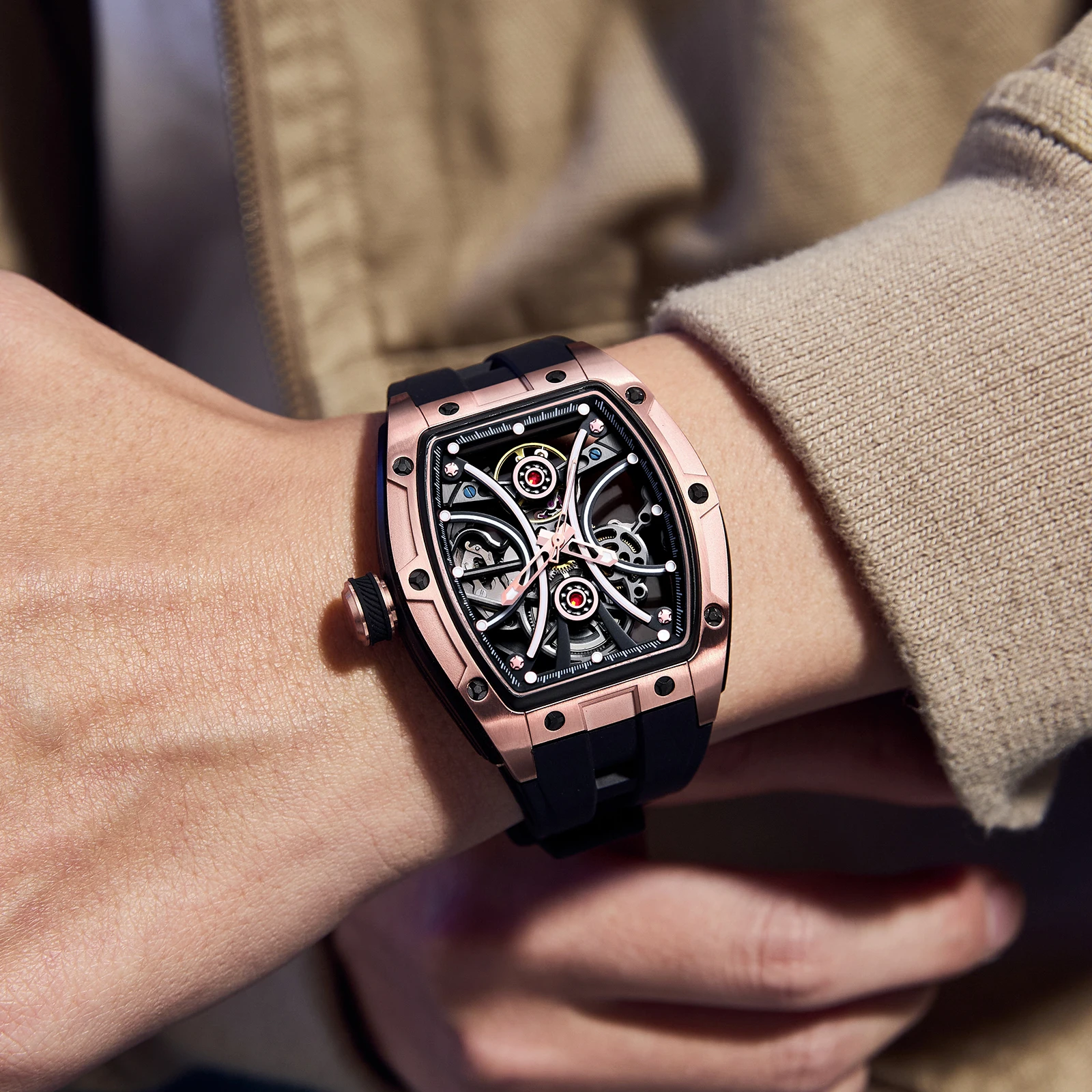 Gorman تصميم جوفاء النقش الأسود الذهبي حالة جلدية الهيكل العظمي ساعات آلية الرجال العلامة التجارية الفاخرة Heren Horloge للرجال #5