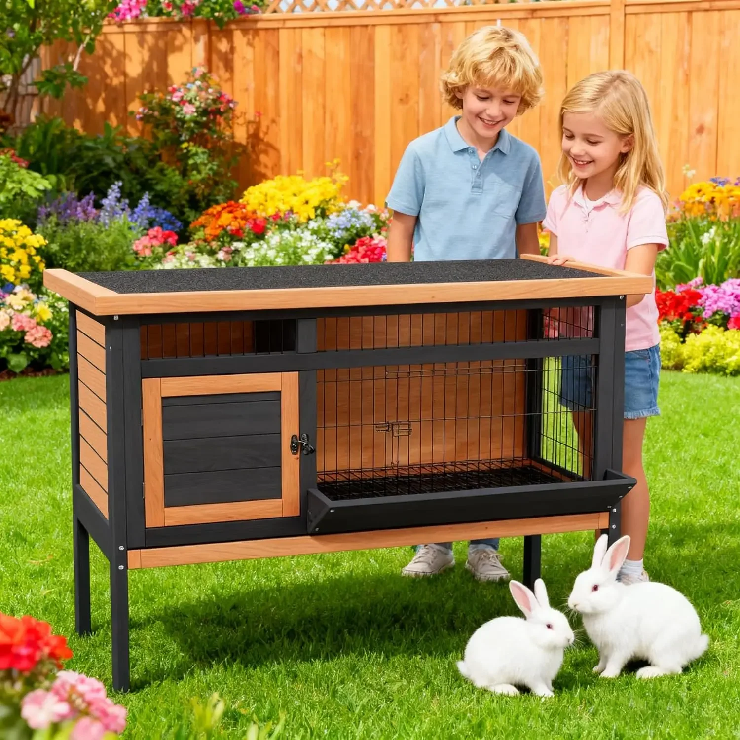 

Деревянный вольер для кроликов, приподнятая клетка для кроликов для дома и улицы, 43,3-дюймовый курятник, домик для мелких животных с непромокаемым поддоном и кормушкой