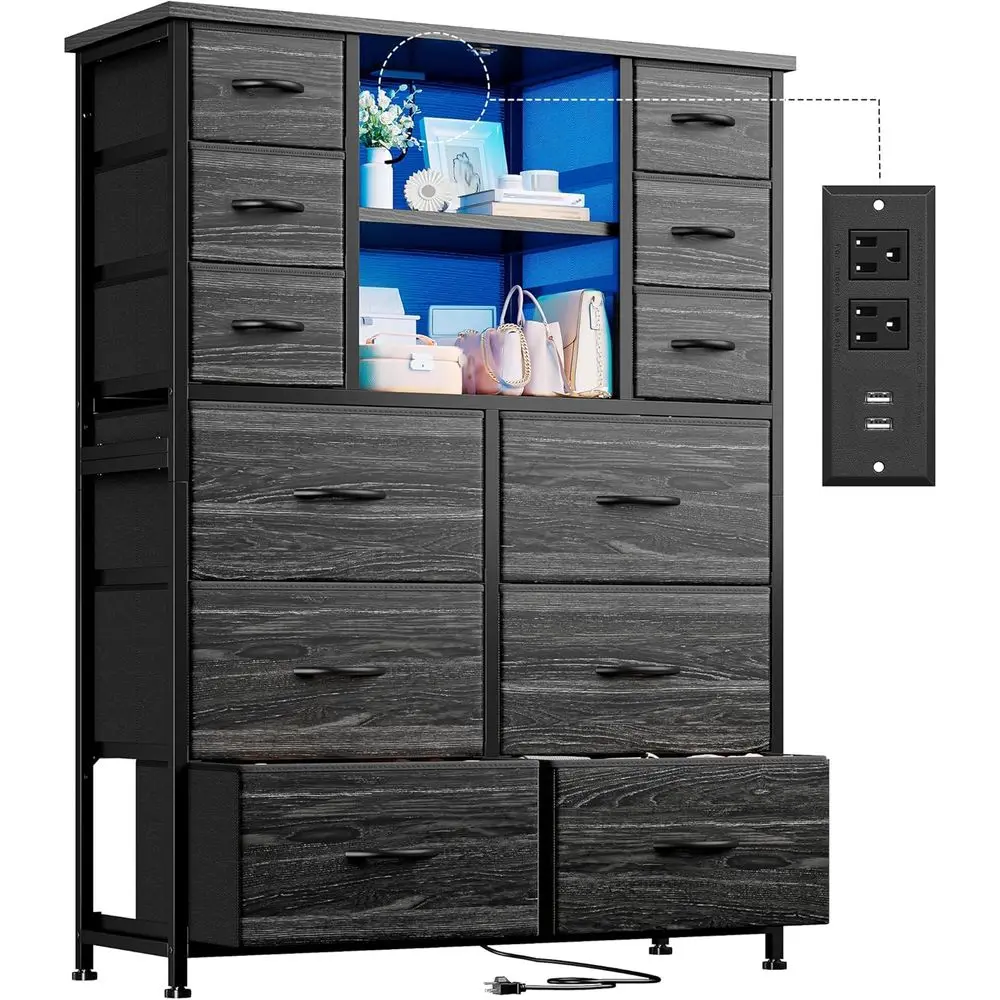 Estação de carregamento para quarto DAFIFY e cômoda com luz LED, grande corredor/sala de estar, entrada, estrutura de metal, cômoda e baú preto, 50.6