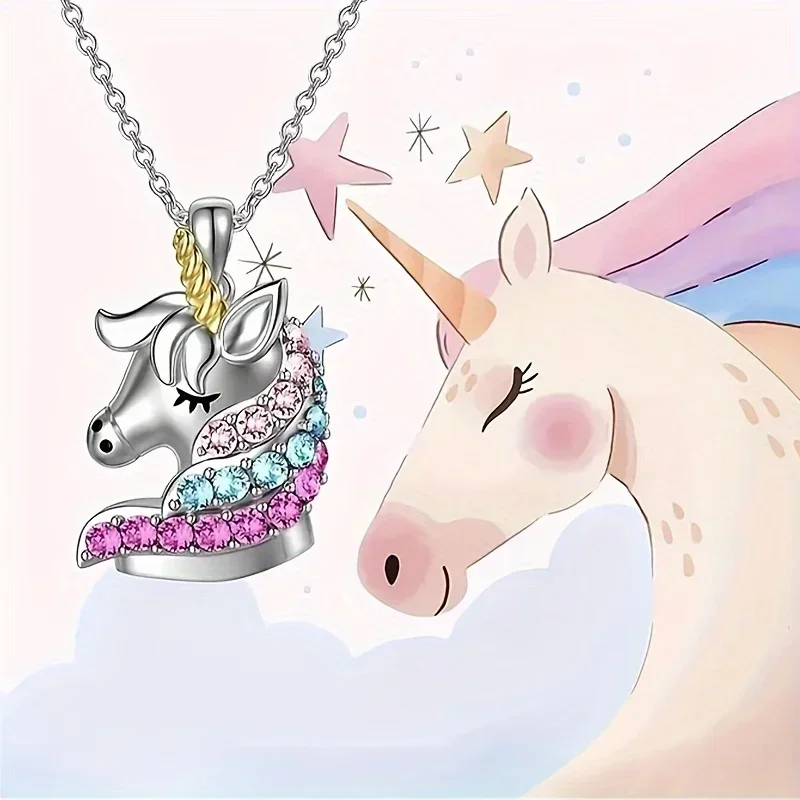 Fashion kalung Unicorn kartun Unicorn, perhiasan kalung liontin hadiah ulang tahun perjamuan wanita hadiah H