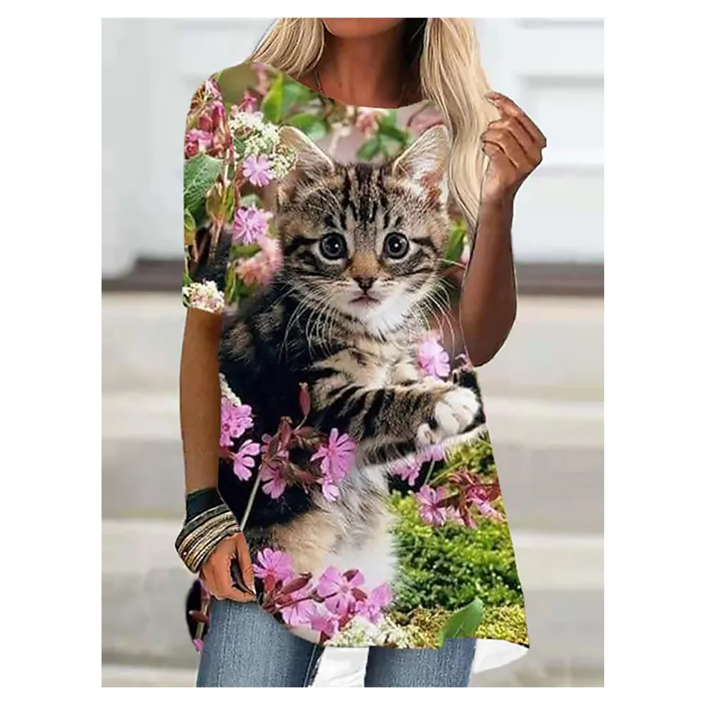 Camisetas de moda para mujer, Tops de gran tamaño con estampado 3d de gato, ropa de calle con cuello redondo holgada, camisas de manga corta para