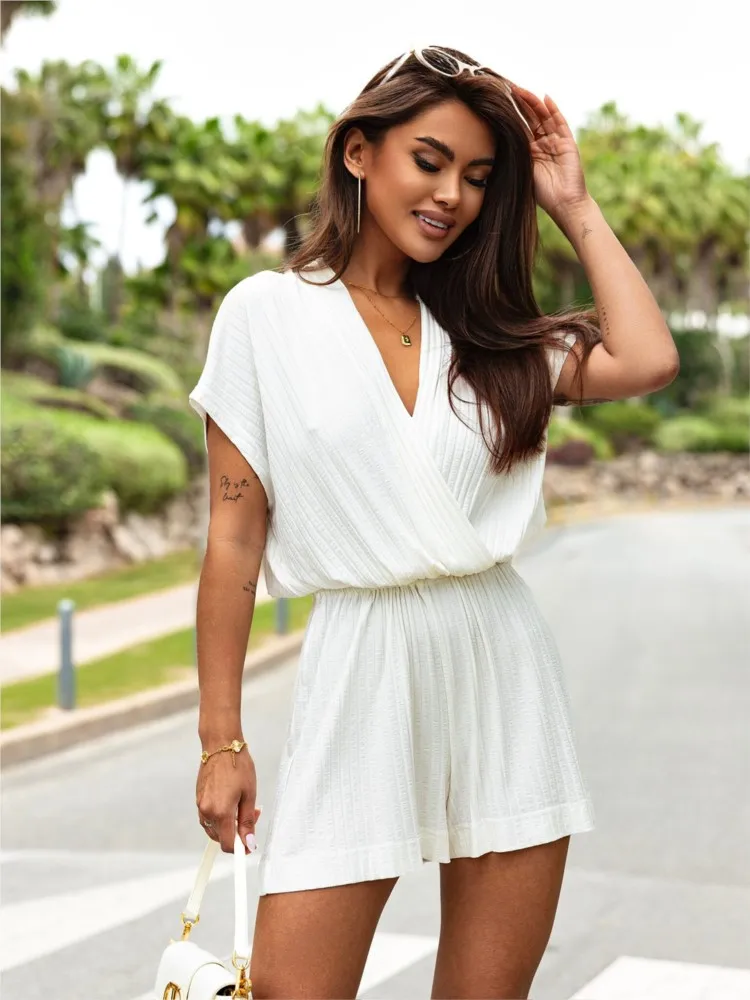 

Female Summer Solid Color Jumpsuit Casual One Pieces Loose V-neck Short Sleeve High Waist Pleated Elastic Shorts Ladies Playsuit