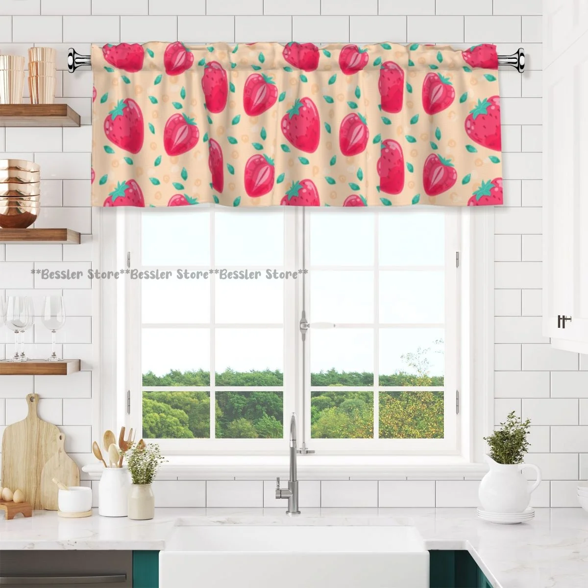 Short Curtain Valance For Kitchen Cafe Barrier Pink Strawberry Small Half Curtain