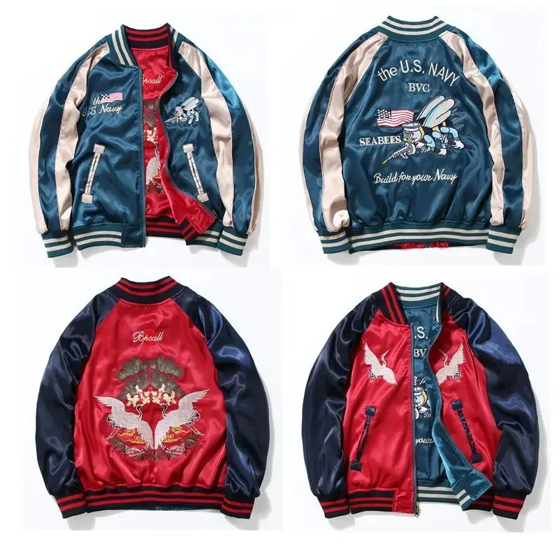 

Retro Embroidered Harajuku Sle Double-Sided Jaet Youth Baseball Coat Men Women Autumn Faion Outerwear Stand Fit Long...