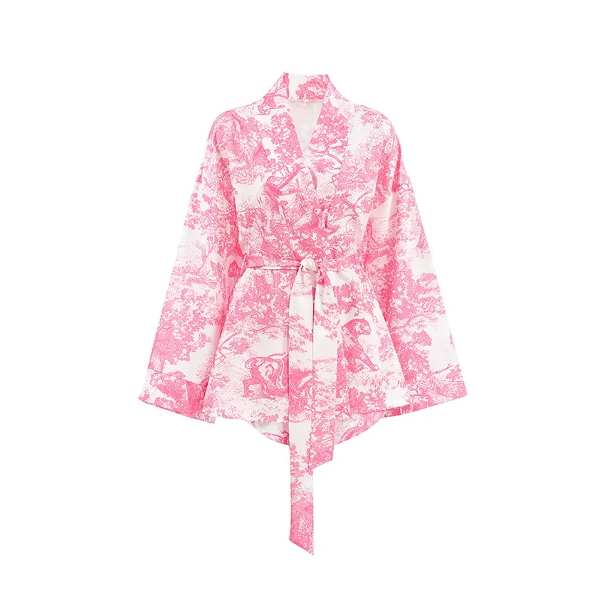 2026 Satin Blue Printed Long Sleeve Cardigan Nightgown Shorts Comfortable Women's Loungewear Pajamas Set  XL Size Robe Shorts