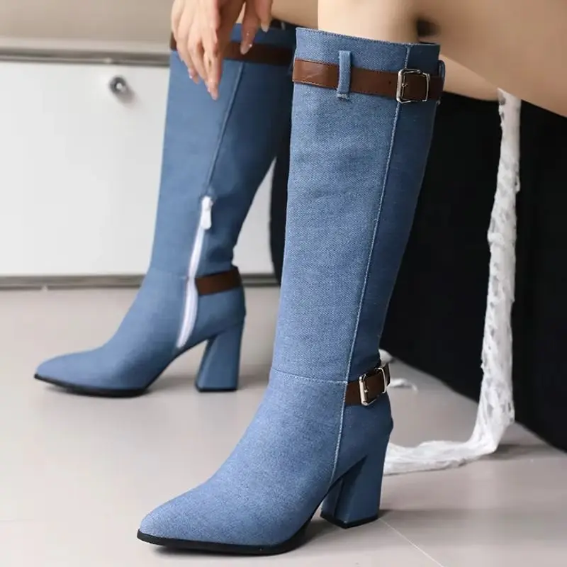 

Женские сапоги до колена, пикантные осенне-зимние туфли с острым носком 2024, синие джинсы, длинные сапоги на каблуке, женская обувь, большой размер 50