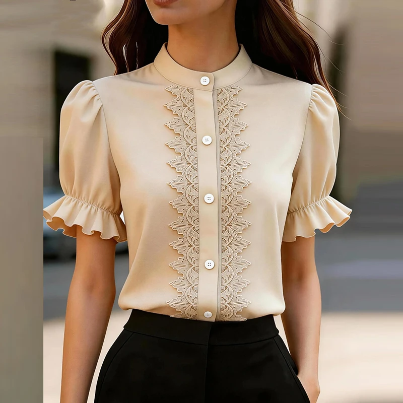 Summer Short Sleeve Women Shirt Blouses Turn Down Collar Bow Design Patchwork Color Office Lady Shirt Tops Female Fashion Blouse - view 3