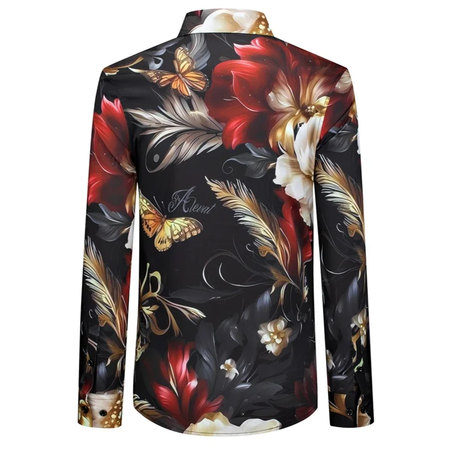 2025 Fashion Luxury Rhinestone Flower Shirt Men\'s Long Sleeve Casual Slim Shirt Retro Social Party Dress Business Formal Shirt