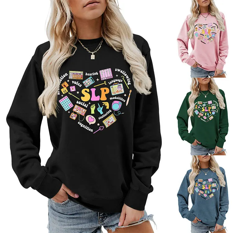 

Autumn round neck new women's casual T-shirt hoodie articulation hearing slp heart-shaped letter print fashion loose long-sleeve