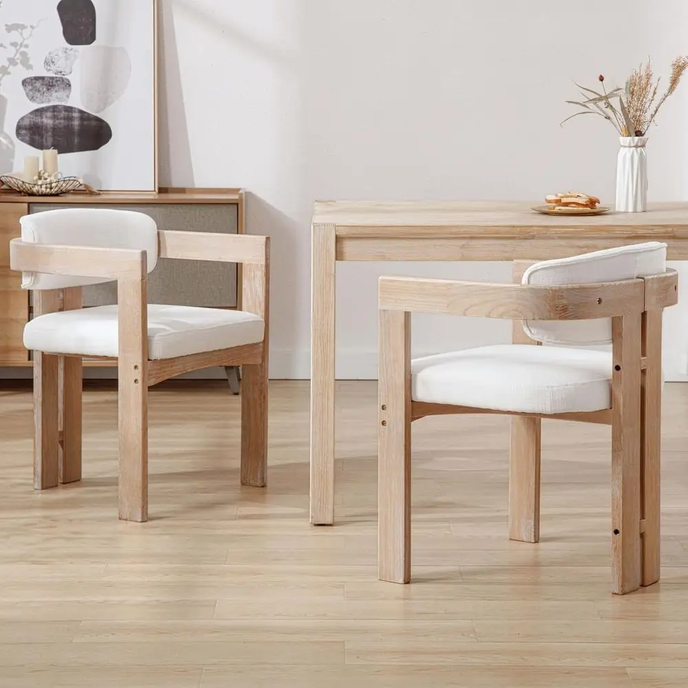 

Комплект из 2 обеденных стульев с льняными чехлами, натуральное дерево, подлокотники, изогнутая спинка, бежевая ткань