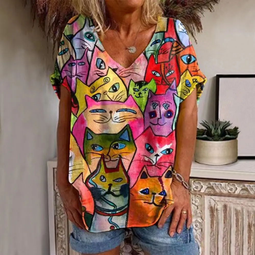 Camiseta de manga corta con cuello en V para mujer, Top Kawaii de gato, ropa de calle Harajuku, camiseta informal holgada para mujer