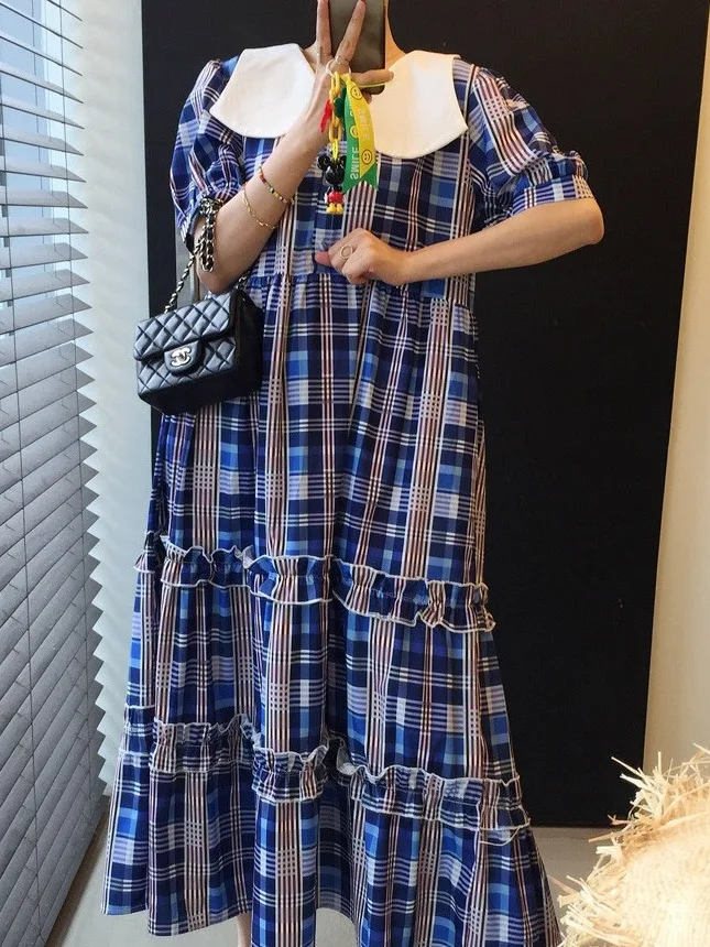 Marinekragen, A-Linie, Dr mit Cheered-Print und Farbkolion, langer Rock, Saum, Reisen, Fotografie, Freund, Frühling, Herbst, W...