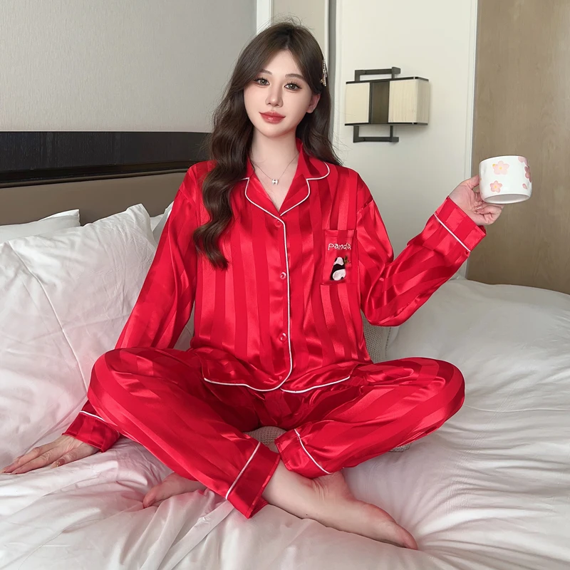 Women Sleepwear Set Spring Satin Long Sleeve Festive Red Pajama Set Turn Down Collar Faux Silk Panda Female Pijama Home Wear