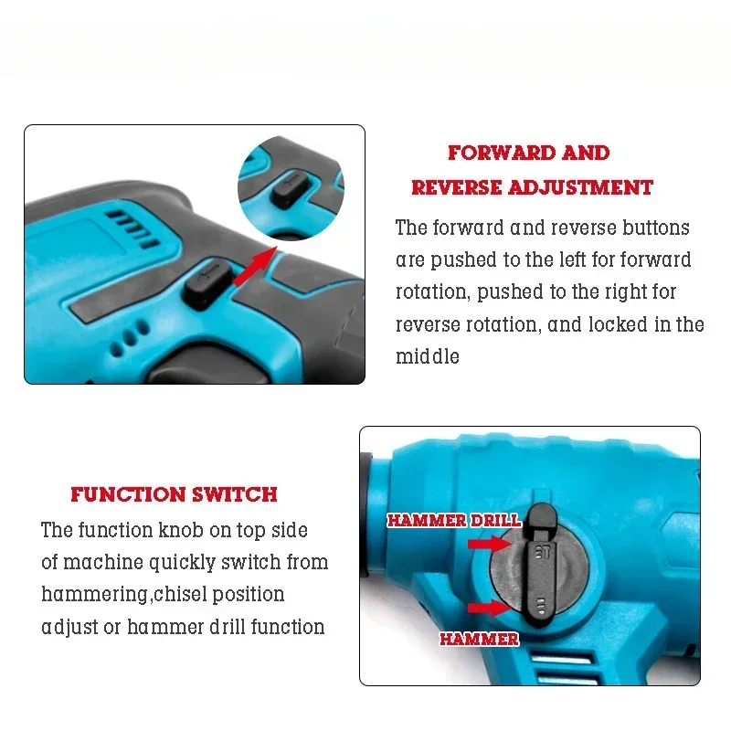 21V Brushless Electric Hammer Cordless Impact Drill Electric Screwdriver Power Tool 3 in 1 Drill Holes Tool for Makita Battery