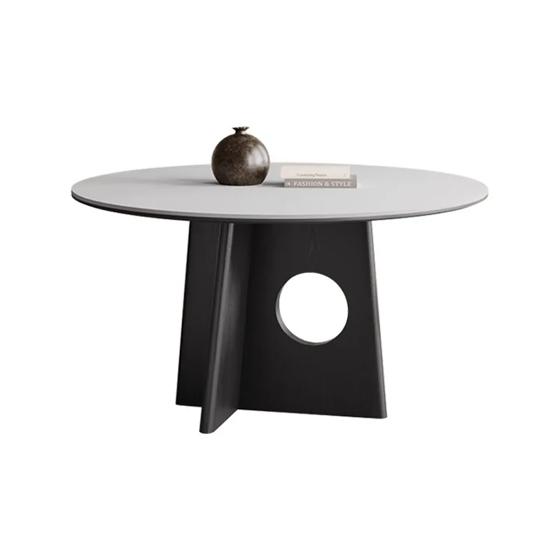 

Medieval solid wood round dining table, ash wood log small apartment household black round table