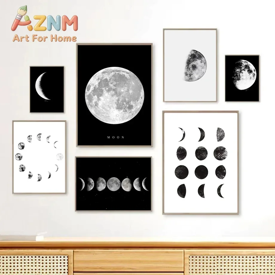 1pc Black and White Moon Phase Aesthetic Poster Minimalist Classic Moon Wall Art Mural Printed Canvas Home Room Cafe Decor