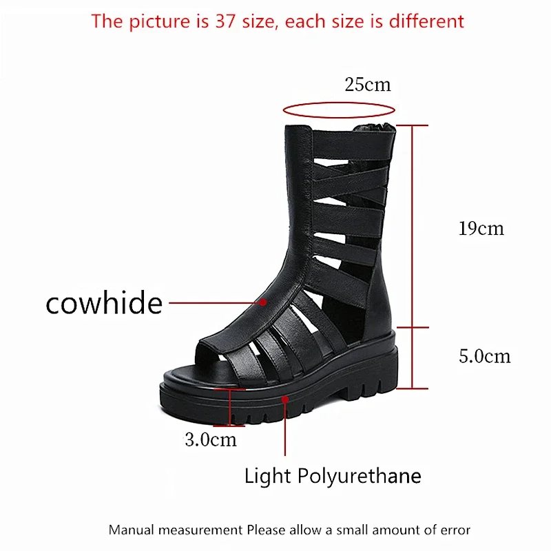 Back Zipper Retro Women Boots Cowhide Platform Gladiator Women Sandals Summer Flats Black Boots Wedge Leather Women  Shoes