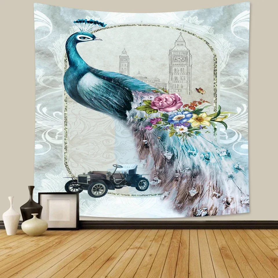 Peacock Tapestry Psychedelic Flower Cyan Beautiful Bird and Flower Hanging Curtain Aestheticism Decorations Bedroom Living Room