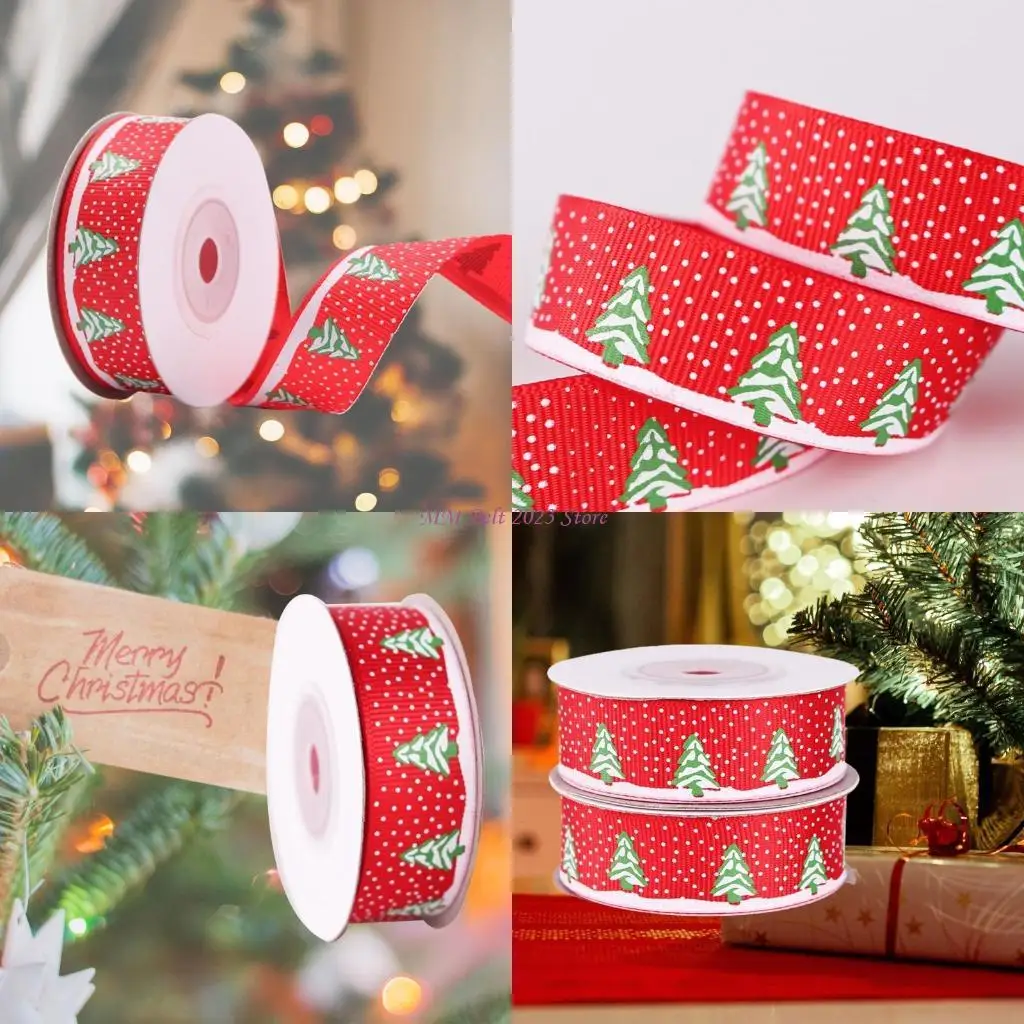 

49ME 10 Rolls 10 Yards Xmas Tree Snowflake Printing Red Christmas Grosgrain Ribbon