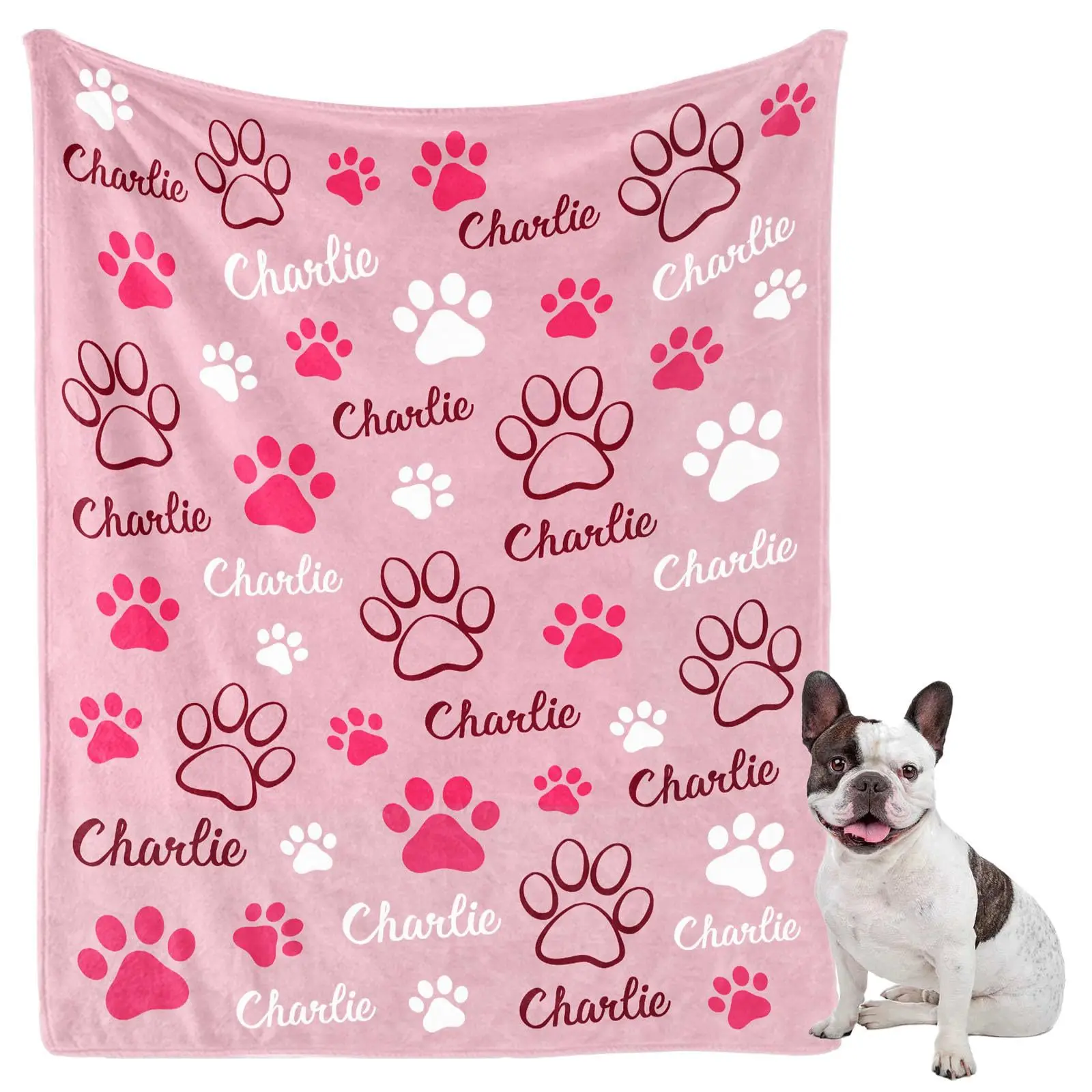 Charlie Dog Blanket Custom Name Footprint Throw Couch Cover French Bulldog Pink Plush Blankets Pet Lover Decor Sofa Bedding