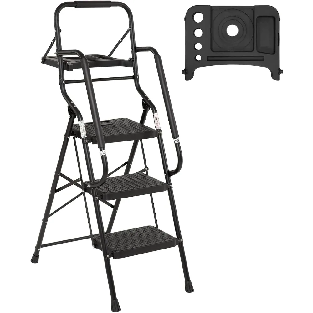 

3 Step Ladder with Handrails Folding Step Stool with Tool Plateform, 330 lb Capacity Step Stools for Adults Portable Lad