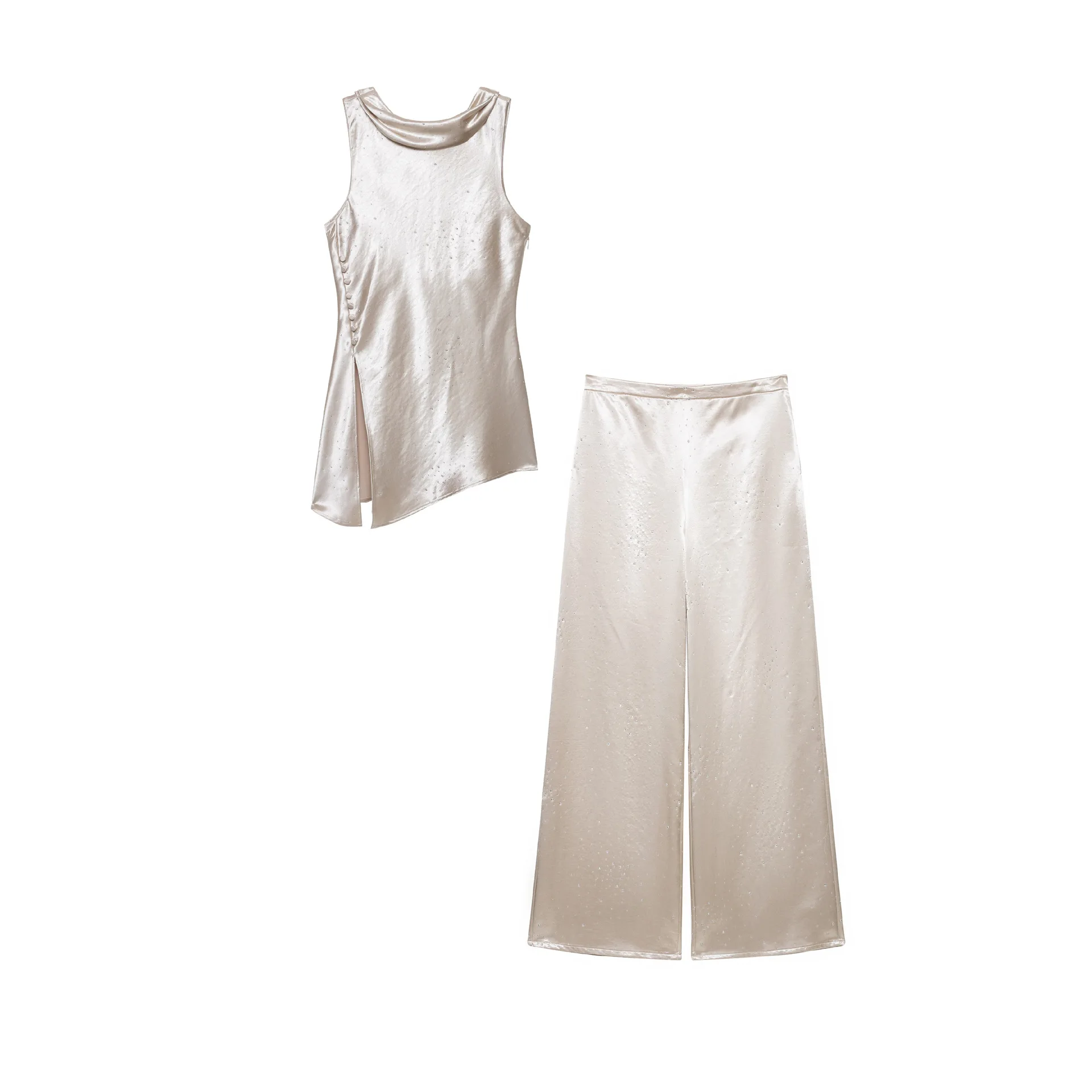 2026 new asymmetrical hot diamond sleeveless silk satin texture top + hot diamond fashion bright texture wide-leg pants