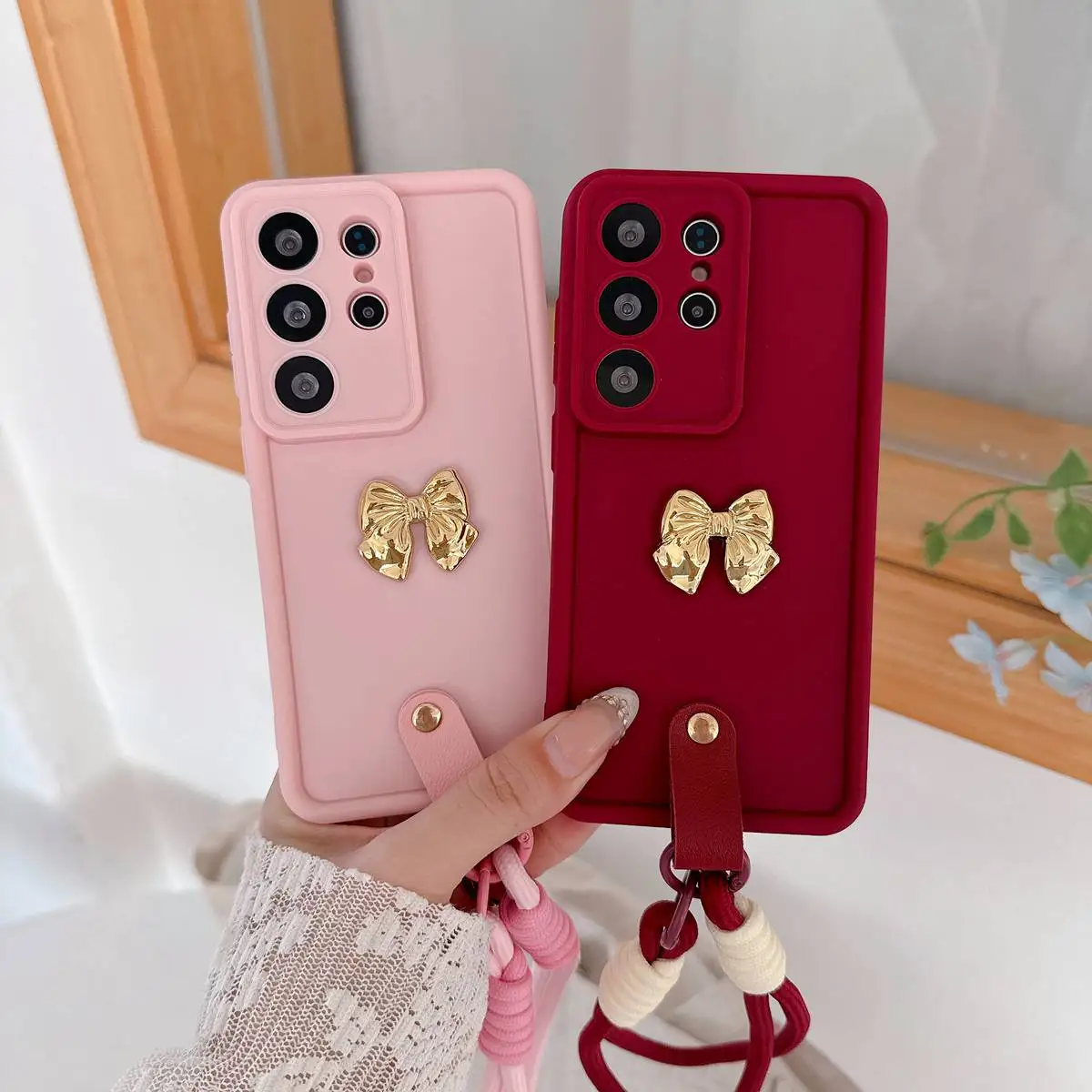 3D Golden Bow Strap Lanyard Phone Case For Samsung Galaxy A07 A17 A37 A57 A06 A16 A26 A36 A56 A55 A35 A25 A15 5G A05 Soft Cover