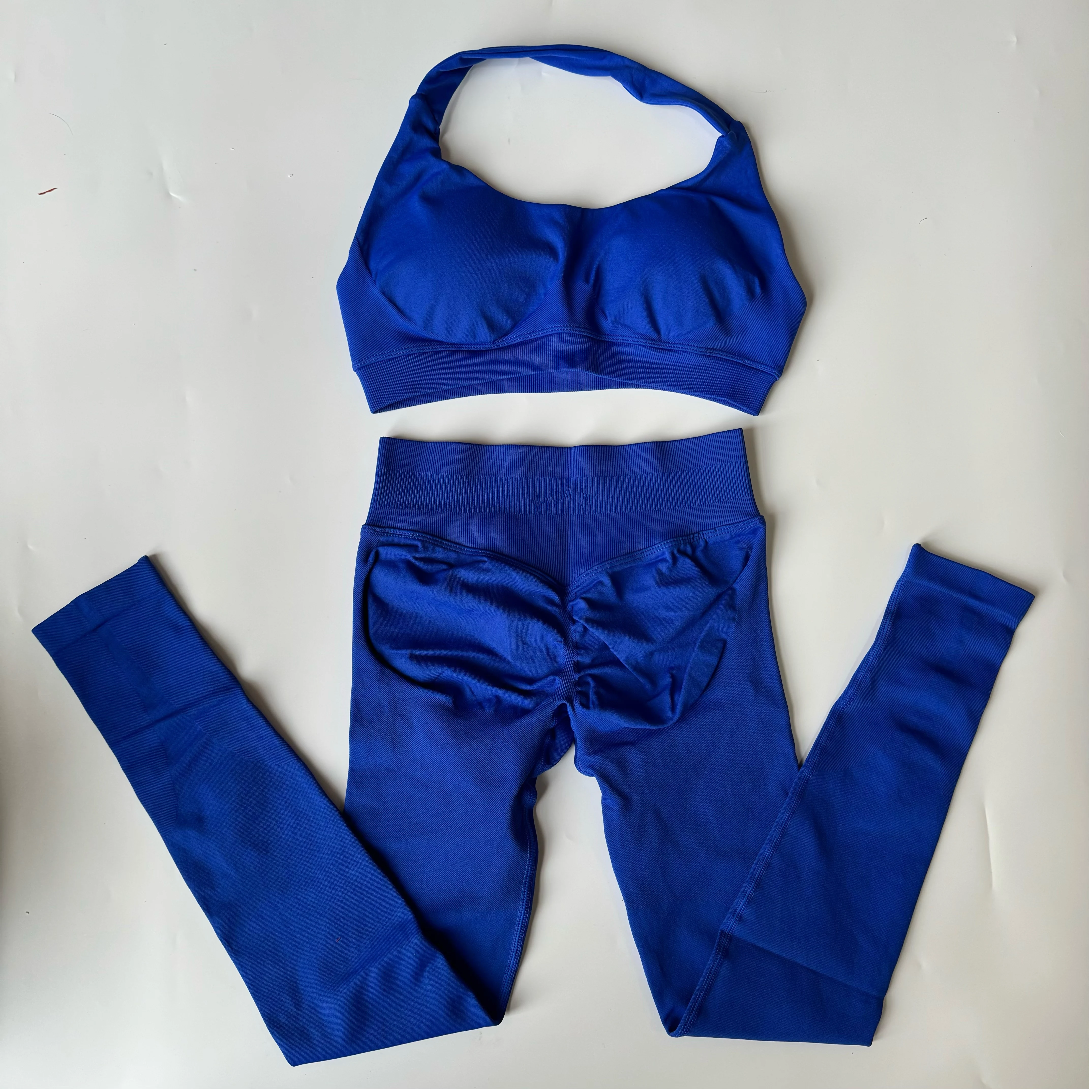 بدلة يوجا للسيدات بدون خياطة؛ طماق للياقة البدنية مكونة من قطعتين؛ مجموعة سراويل اليوغا لرفع الورك؛ بدلة رياضية للصالة الرياضية؛ حمالة صدر رياضية بدون ظهر مع