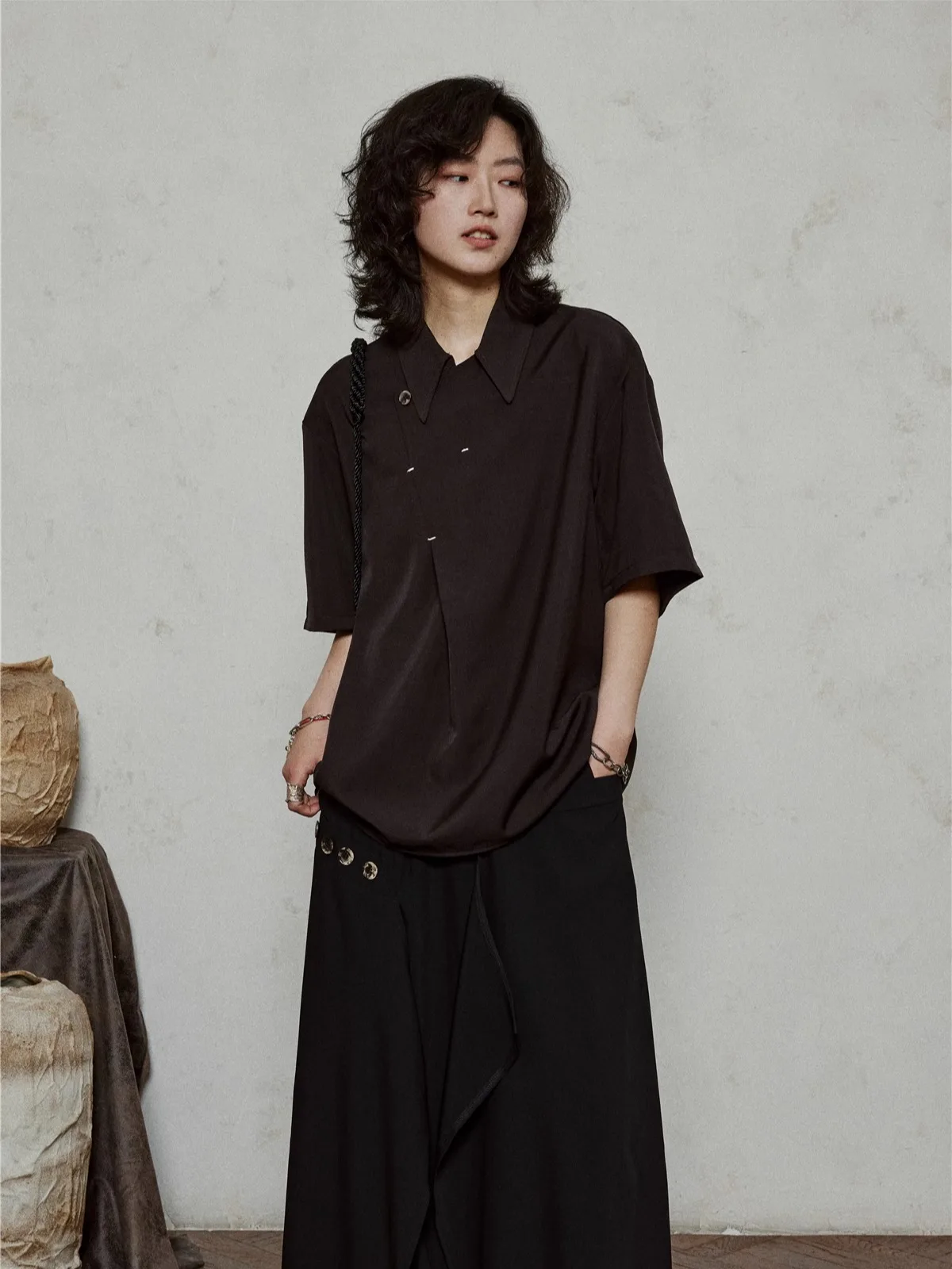 

Sunyvonne Retro Chinese Style Short Sleeve Shirt Asymmetrical Lapel Deconstructed Collar Summer Top Women's Fashion Premium Q...