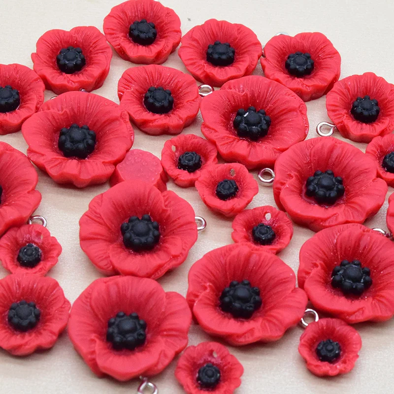 10/20pcs 12/15/22mm Poppy Flower Resin Charms Anzac Day Jewlery Charms Diy Earring Barcelet Keychain Pendant Making F504