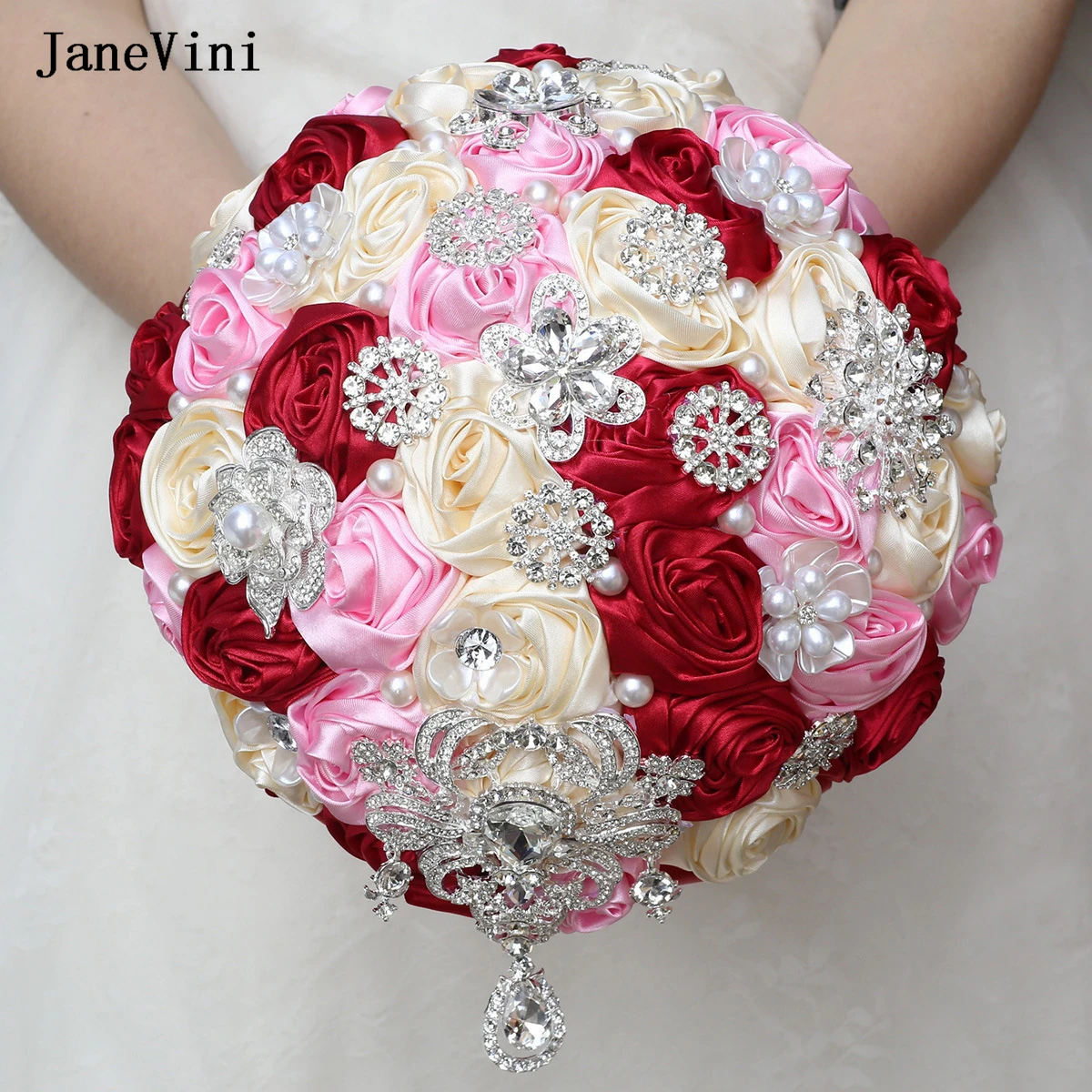 

Свадебные букеты JaneVini с блестящими серебряными кристаллами, искусственные атласные розы, свадебный букет светло-розового цвета для невесты, на заказ