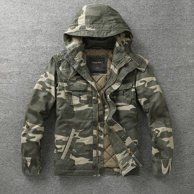 Jaket Denim pria, jaket Denim Retro kargo berkerudung luar ruang Multi saku Camo atasan Lapangan kasual mode mendaki mantel seragam