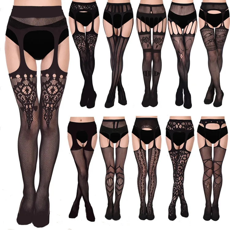 

Oversize Women Tights Sheer Pantyhose Plus Size Hot Sexy Fishnet Black Thigh High Stockings with Garter Belt Open Crotch XXXXXL