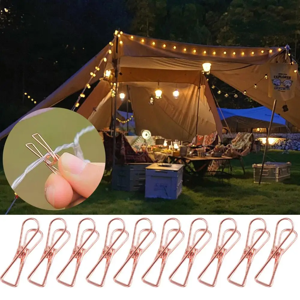 

10 Pcs Rose Gold Outdoor Tent Clip Nice-looking Portable Lamp String Fixing Clip Durable Metal Hollow Long Tail Clip Tent