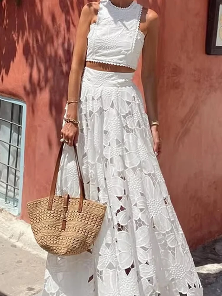 

Повседневный однотонный женский комплект без рукавов из 2 предметов, элегантный жаккардовый ажурный наряд для вечеринок, модный жилет с круглым вырезом, топы и длинная юбка, костюм