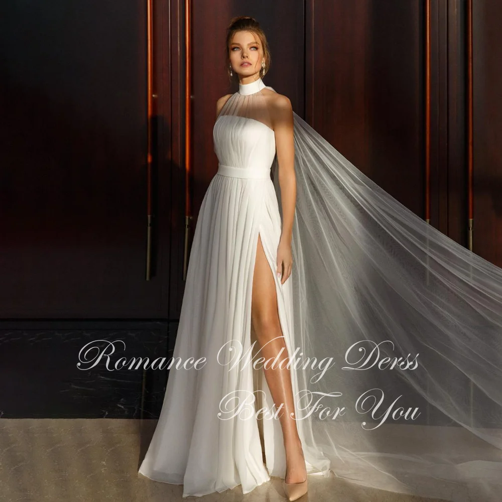 Modernes Brautkleid mit hohem Kragen und hohem Seitenschlitz, A-Linie, 2026, ärmellos, mit Falten, offener Rücken, Brautkleid, Vestidos de Novia, individuell gestaltet