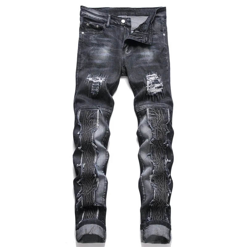 

New 2024 Black Men'sJjeans Fashion Ripped Patch Embroidered Denim Pants Mid-Waist Stretch Casual Street Pants