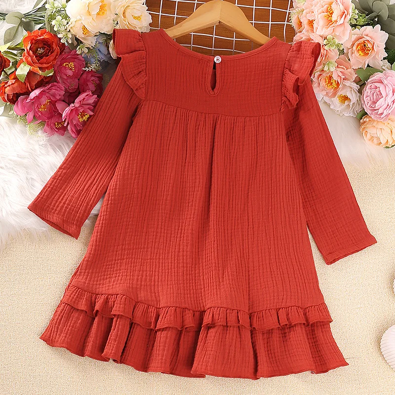 2023 Autumn New Dress Kids Girls 3-6 Years Girls\' Red Round-Neck Ruffled Long-Sleeved Dress Korean Style Children Princess Dress