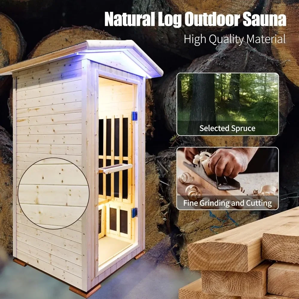 Sauna doméstica de infrarrojos lejanos de 1300W, Sauna canadiense de madera de abeto para exteriores con 7 placas de calefacción, 1 persona