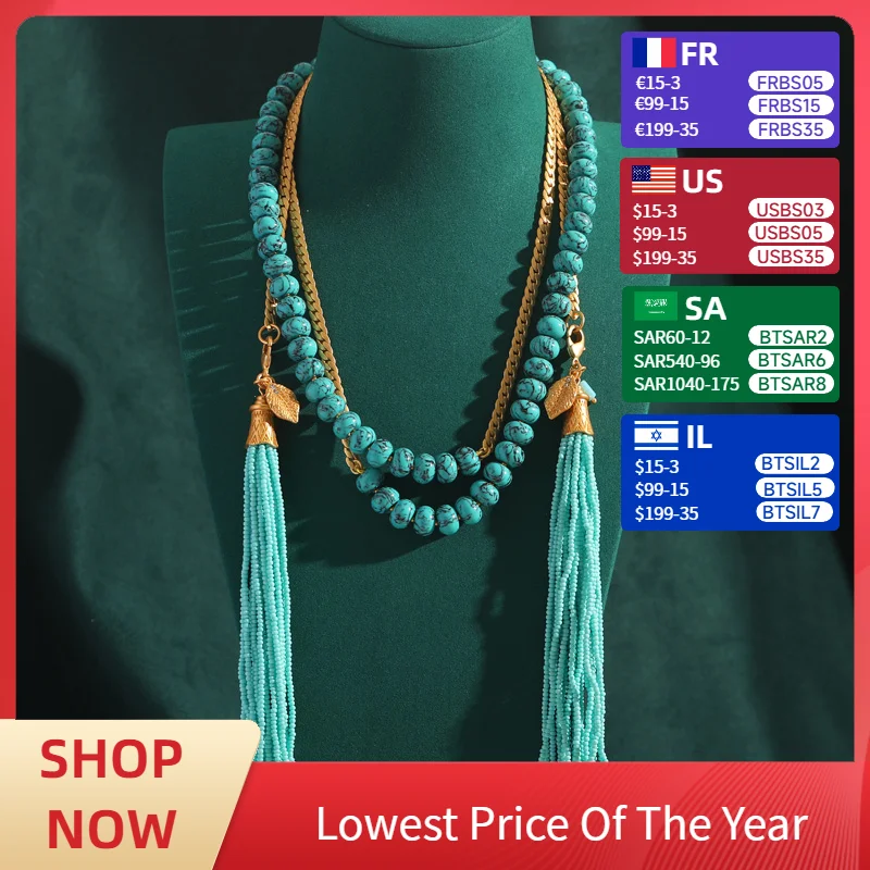 

Antique Jewelry Blue Natural Stone Necklaces Beads Tassels Long Layered Vintage Gold Color Snake Chain Accessories for Women New