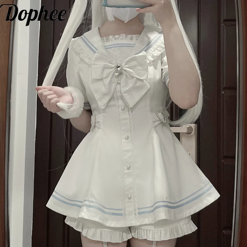 Dophee Lolita Sets Subculture Y2k Spring Summer Elegant Love Diamond Bow Short Sleeve Dress Lace Ruffles Shorts(August Shipment)