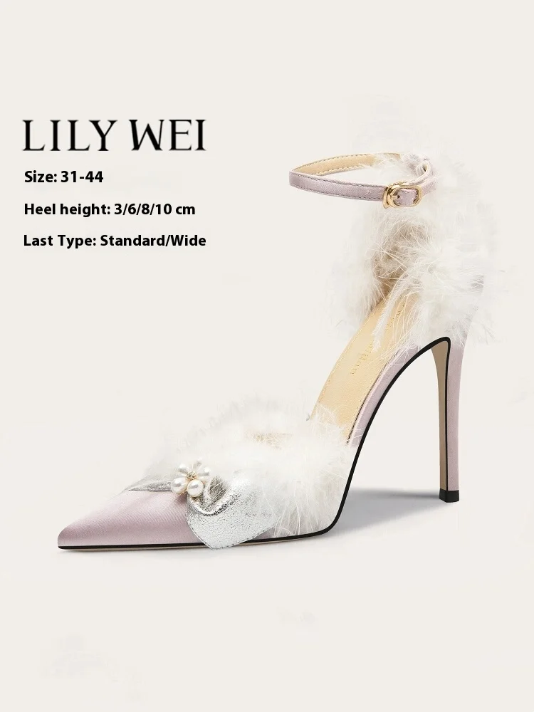 

Spring and summer new pink pointed pearl rhinestone feather sandals sto-heeled banquet large size small size women's shoes